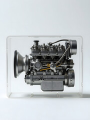 Fototapeta premium A cutaway model of an industrial diesel engine reveals its intricate mechanical workings inside a detailed transparent plastic casing._00001_
