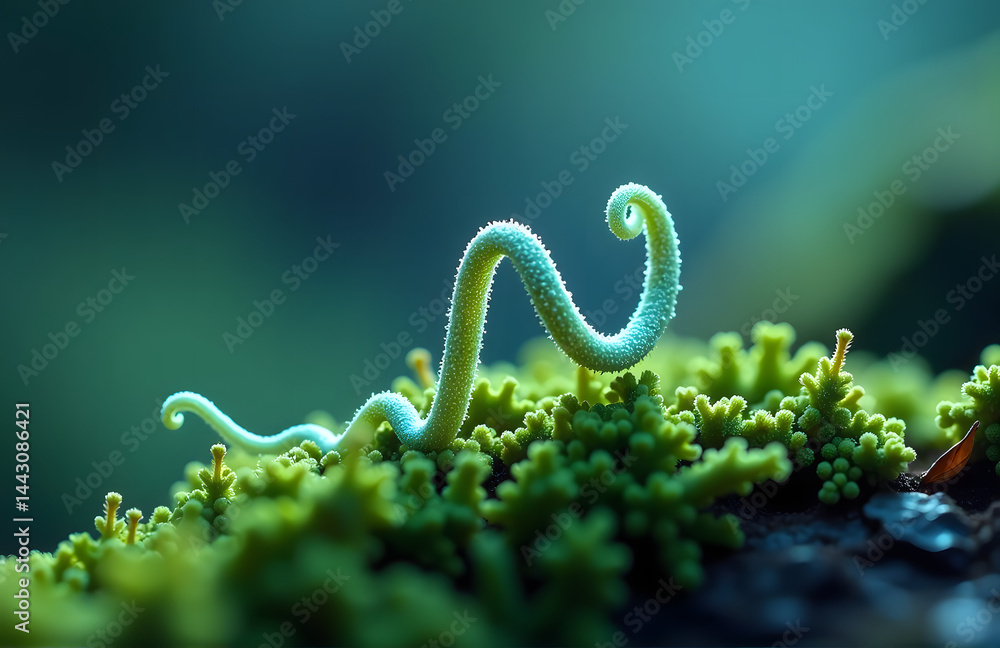 Poster a delicate helix is visible on green moss under blue light creating a unique natural optical phenome