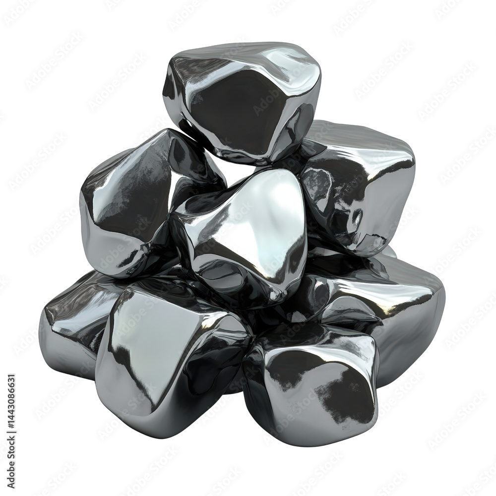 Poster shiny metallic rocks stacked together with smooth reflective surfaces and irregular shapes creating 