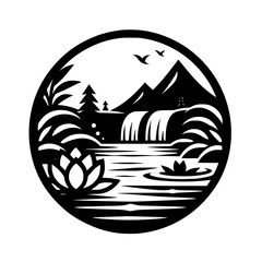 Black & White Serene Nature Landscape Icon with Waterfall, Mountains, and Lotus Flower - Minimalist Graphic Illustration