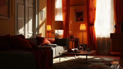 Warm interior scene with orange accents and natural light.