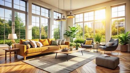 Modern Spacious Living Room, Abundant Natural Light, Midday Sun, Open Plan Design, Comfortable Interior
