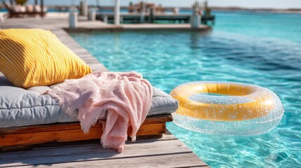 Obraz premium A yellow and pink blanket is laying on a wooden deck next to a pool