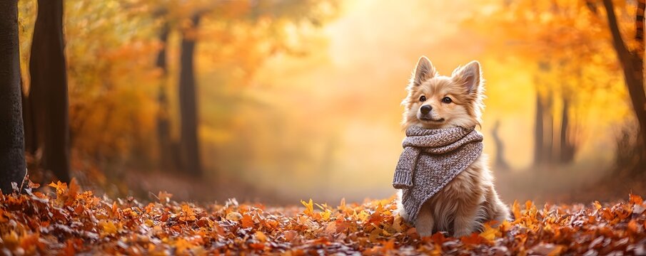 Adorable dog with scarf sits among colorful fallen autumn leaves
