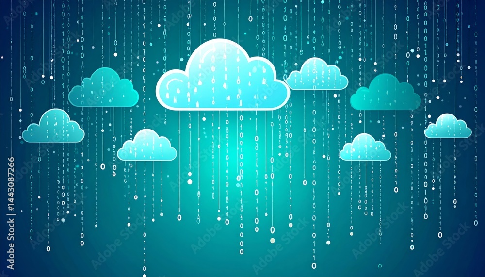 Poster abstract digital rainfall with pixelated clouds on teal background