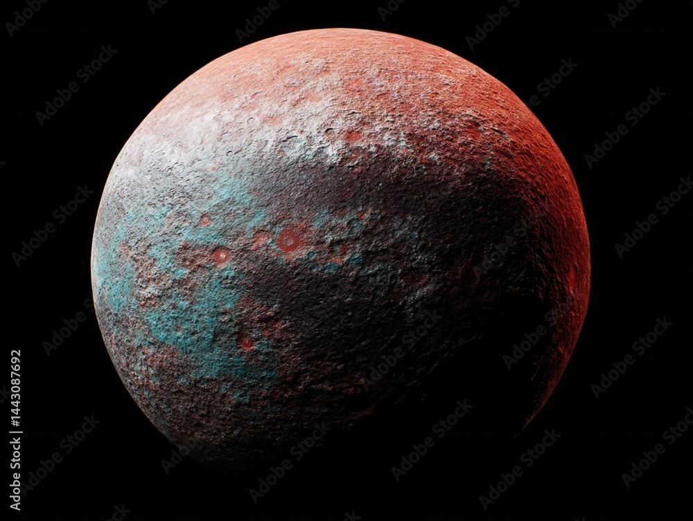 Poster captivating close up of a distant planet with a rugged surface showing craters and varied terrain ag