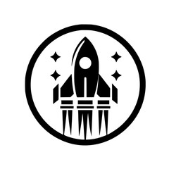 Rocket Launch Graphic Icon in Black Circle | Stylized Black and White Space Emblem