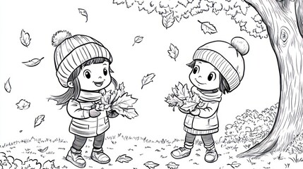 Two children in fall, collecting leaves