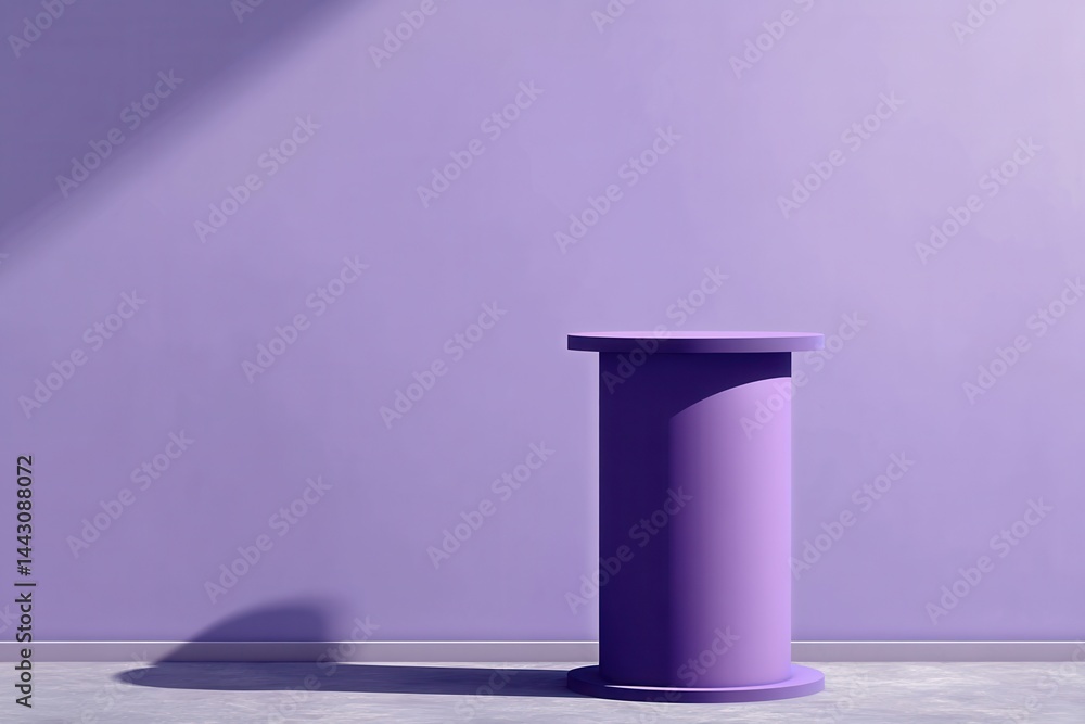 Poster minimalist purple pedestal display against a matching wall with soft sunlight casting shadows creati