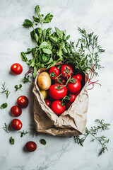 Organic Fresh, farmer market Vegetables and fruits in brown reusable paper bag on white background