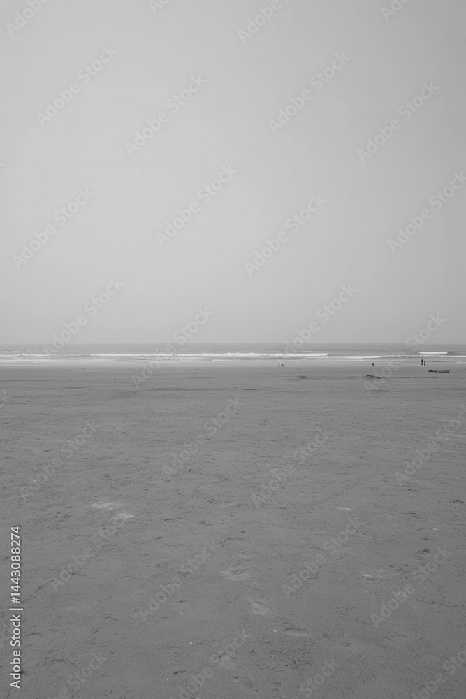 Poster serene monochrome beach vista with distant figures and gentle waves under a hazy sky creating a peac