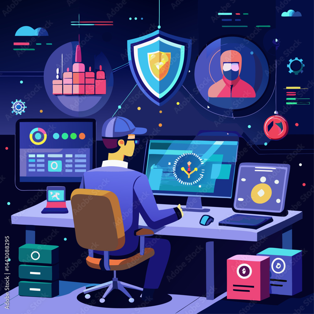 Poster a man is sitting at a desk with a computer and a keyboard. he is wearing a headset and he is working