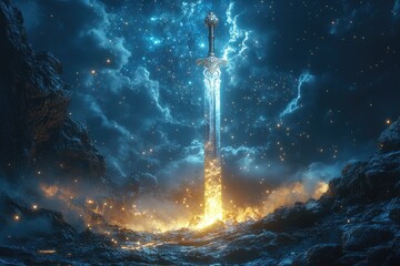 Naklejka premium The Celestial Blade - A vast sky filled with twinkling stars, featuring a massive sword plunged into the earth.