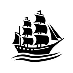 Silhouette Sailing Ship on White Background