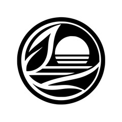 Abstract Sunrise Logo with Leaves - Black & White Vector Design