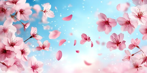 Spring soft background, Flying flower petals, Pink flowers, Cherry blossom, Blue sky