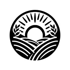 Monochromatic Farm Logo: Sunrise, Fields, & Wheat in Circular Design