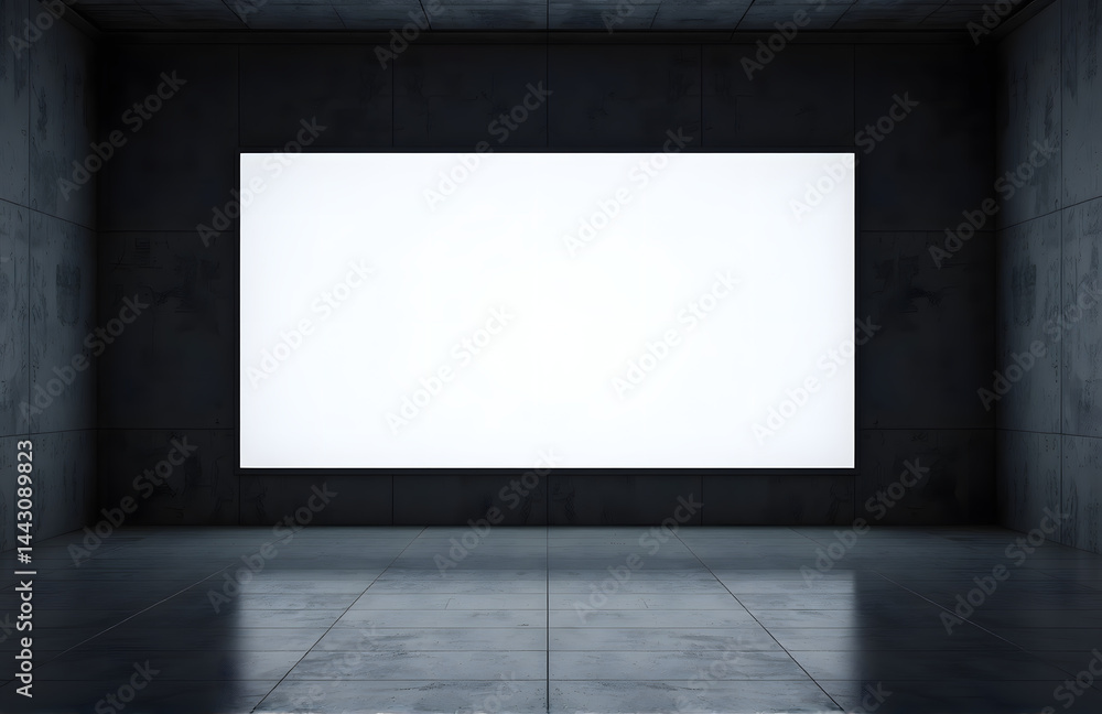 Poster a large empty screen dominates a dimly lit room, its surface reflecting nothing but the faint glow o