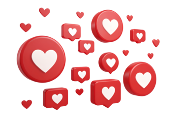 Red like icons with white hearts floating on a black background in a rendered graphic design style png on transparent background