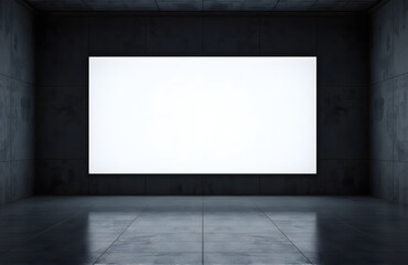A large empty screen dominates a dimly lit room, its surface reflecting nothing but the faint glow of ambient light._00001_