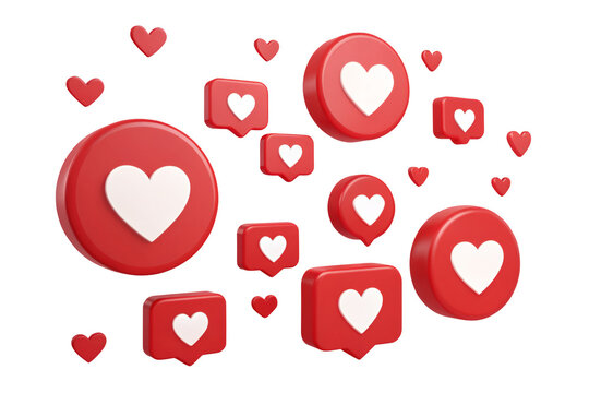Red like icons with white hearts floating on a black background in a rendered graphic design style png on transparent background