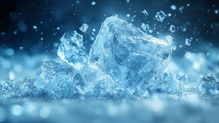Ice cubes shattering on snowy surface with bokeh background