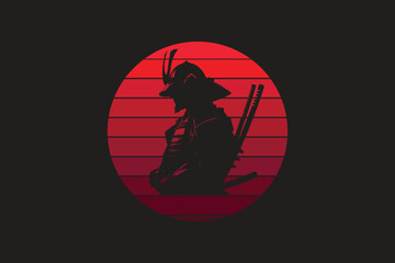 Samurai design with red moon in silhouette style