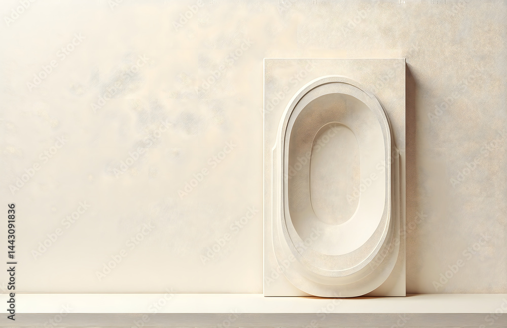 Poster a minimalist abstract relief sculpture is rendered in subtle detail against a soft light beige textu