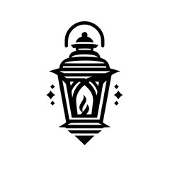 Vintage Lantern Icon with Glowing Flame & Sparkles - Black & White Vector