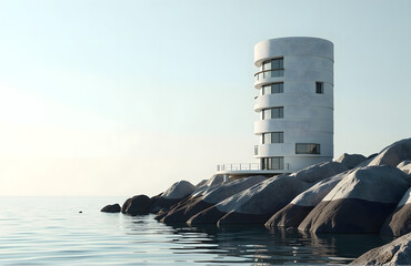 Obraz premium A modern, cylindrical building stands tall on a rocky shore overlooking a body of water with calm surface._00001_