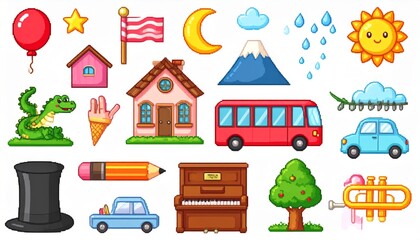 Colorful Pixel Art Collection Cute Cartoon Illustrations Of Homes, Vehicles