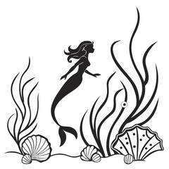 "Whimsical Mermaid Silhouette Vector Collection with Magical Sea Creatures and Ocean Fantasy Elements"