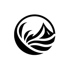 Abstract Mountain and Water Icon in Circle, Black & White