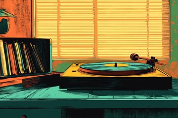 Retro vinyl records with a classic turntable in the background.