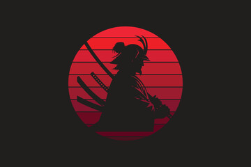 Samurai design with red moon in silhouette style