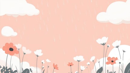Flat minimalist illustration of spring rain, white clouds, modern vector design, empty space in center for text 