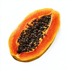 Close up of a halved papaya fruit with seeds on a white background
