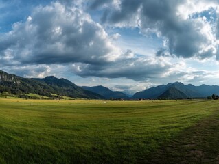Fototapeta premium Serene alpine meadow landscape with dramatic cloudscape and distant mountains in a wide angle view capturing the natural beauty and peaceful atmosphere