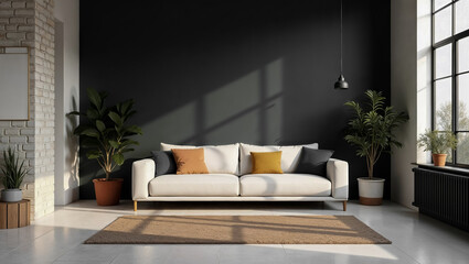 Modern living room interior with white sofa, black wall and indoor plants