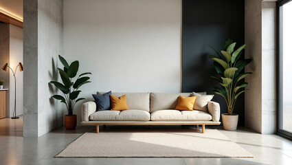 Scandinavian living room with beige sectional sofa and natural light