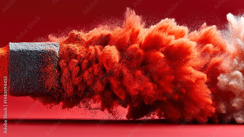 Poster red powder explosion effect from a grey cube against a vibrant backdrop