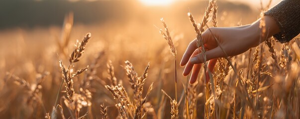 Fototapeta premium Woman's hand gently touches golden wheat stalks in a sun-drenched field at sunset, concept for harvest, agriculture, and nature-related branding