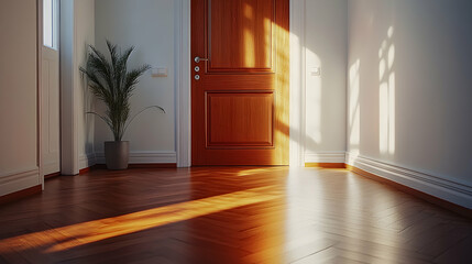 Sunlit hallway with hardwood floors, wooden door, and a potted plant.  A minimalist and bright interior design.