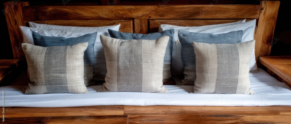 Poster cozy bedroom retreat featuring a rustic wooden bed frame with soft pillows in neutral tones creating