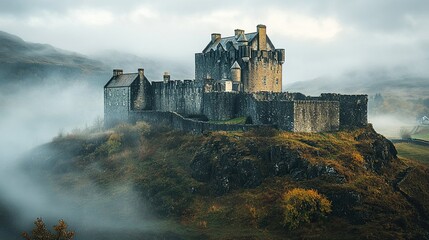 A medieval stone castle perched on a hill, enveloped by swirling mist beneath a grey sky. --
