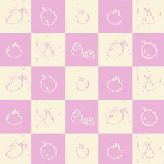 Seamless patterns with exotic fruits. Pastel Pink Fruit Pattern on Checkerboard Background. Seamless pink checkerboard pattern with hand-drawn tropical and garden fruits
