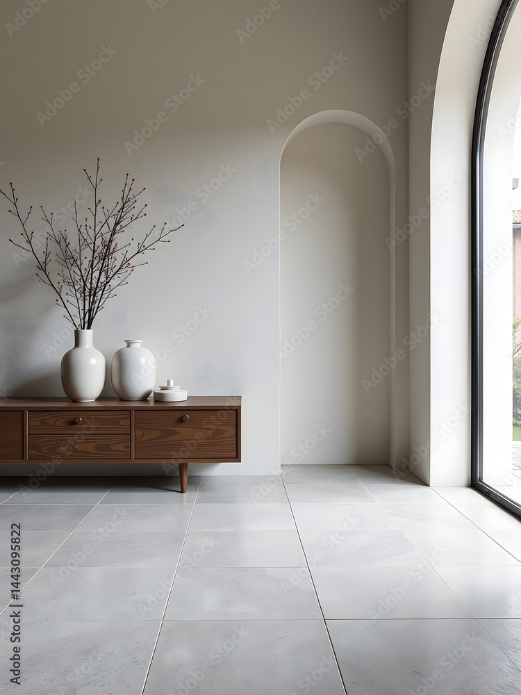 Poster A polished light gray stone floor is decorated with various objects that add a touch of elegance to the space._00001_