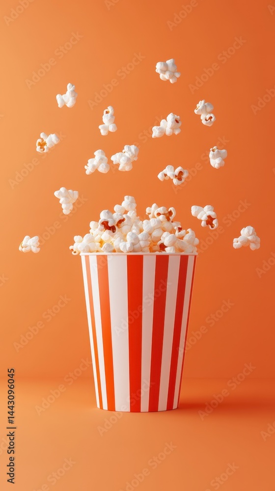 Poster vibrant studio shot of popcorn overflowing from a striped bucket on an orange background creating a 