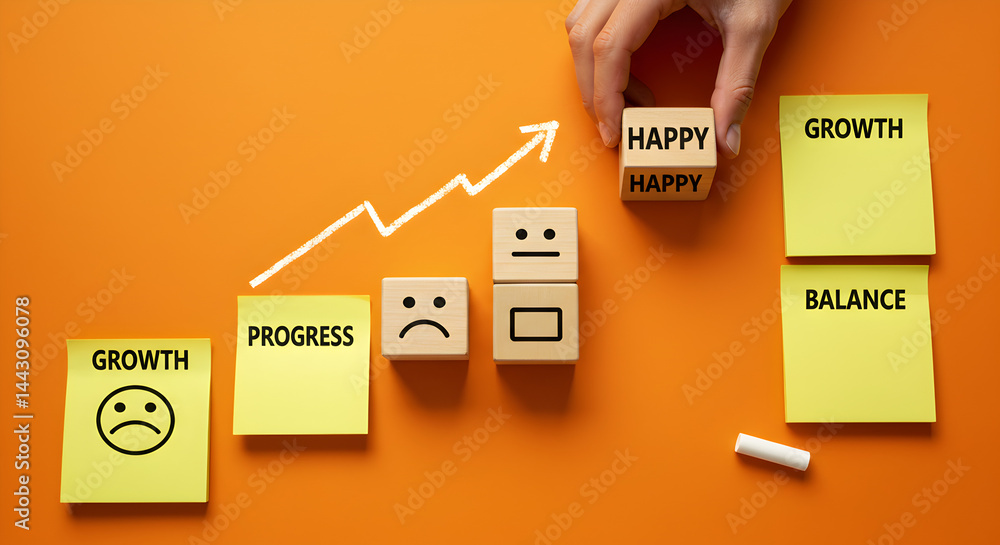 Poster conceptual growth ladder with hand placing happy emotion block over orange background with chalk arr