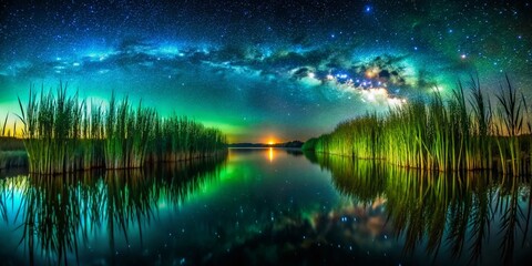 Panoramic Night View: Lush Green Reeds Reflecting in Calm Lake